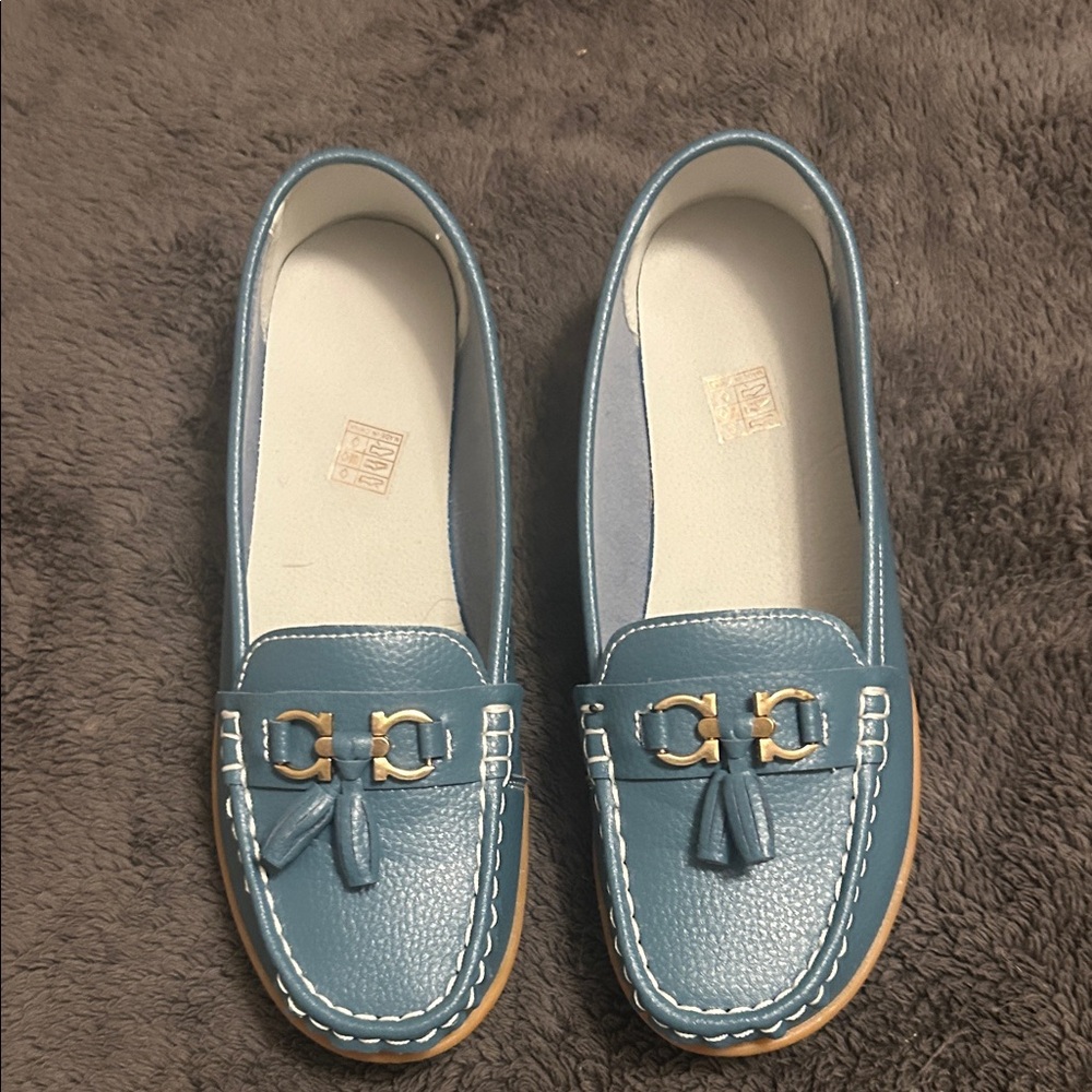 Blue Leather Tassel Loafers for Women